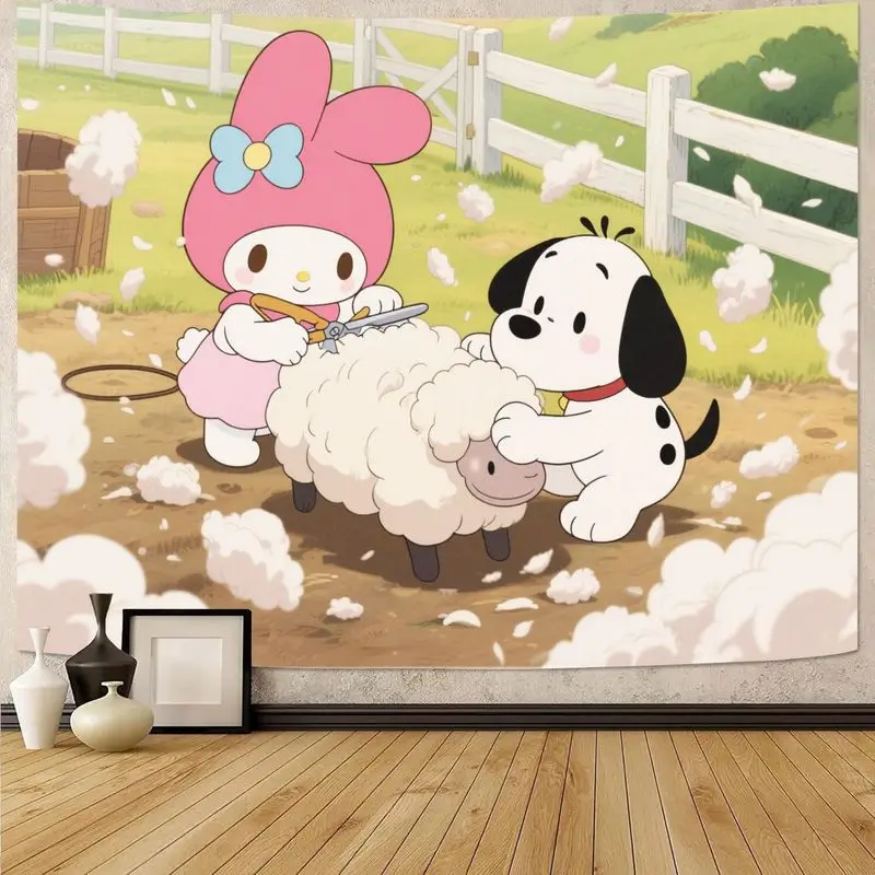 

1 шт. розовый кавайный гобелен Sanrio My Melody с стрижкой щенка овец, настенное искусство с изображением сельскохозяйственных животных для декора комнаты для девочек, подарок