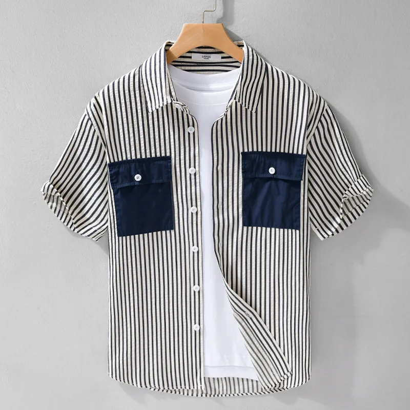 Summer Striped Shirt Man Dress Shirt Shirts Men's T-shirts Tiki Korean Popular Clothes Beach Hawaiian Short Sleeve Clothing