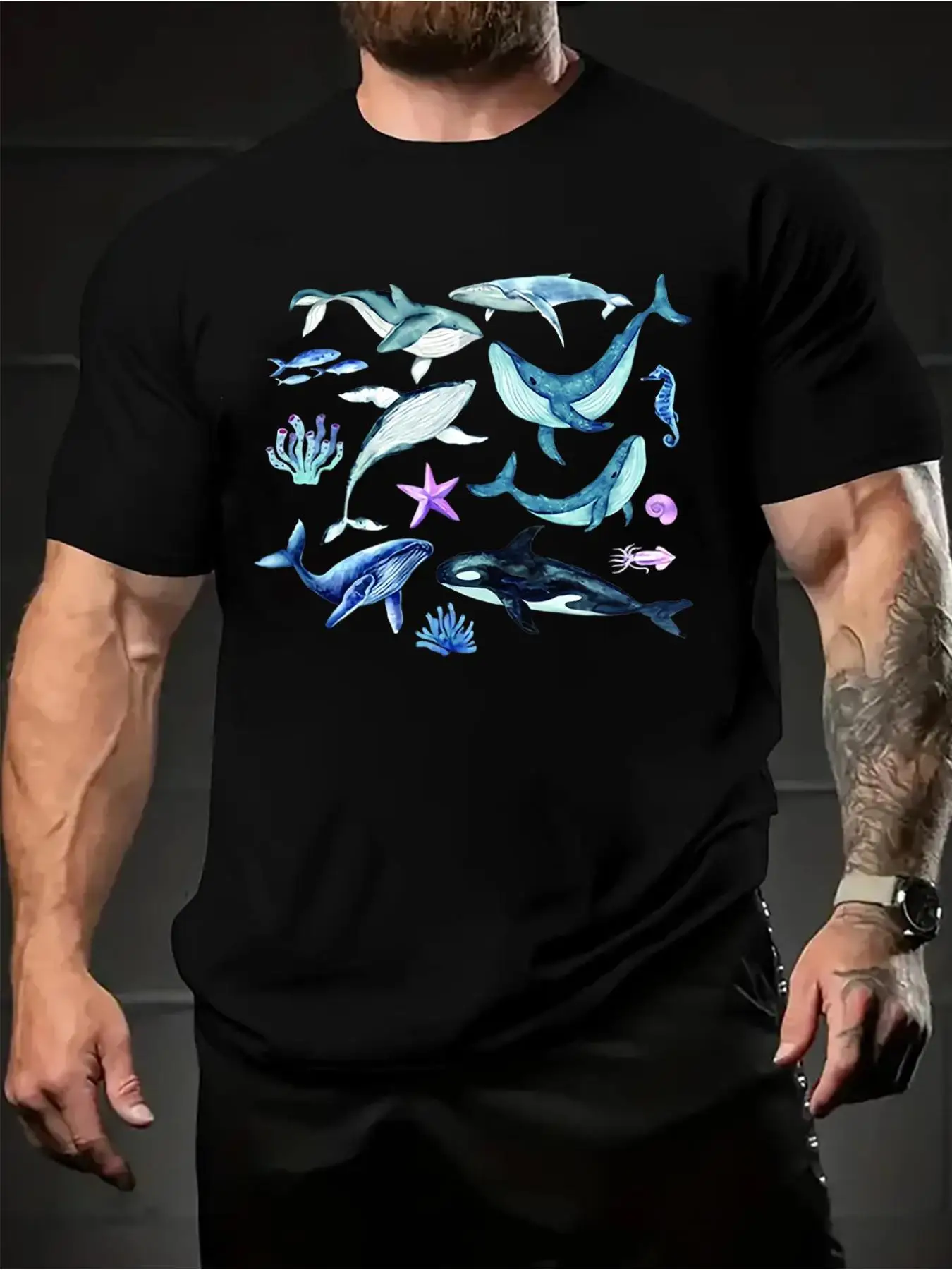 Men's Chinese Character & Pinyin T-Shirt With Marine Life Design (Pinyin: Qián, Shēngwù, Hǎixiá) - Mandarin Learning, Chinese Cu