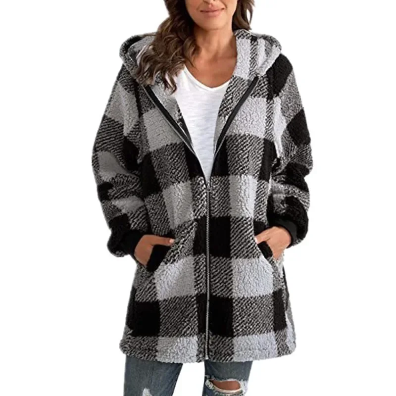 Women's Polar Fleece Long Sleeve Coat Fashion Plaid Casual Loose Pocket Zipper Hooded Coat Office Commuter Street Pullover Coat