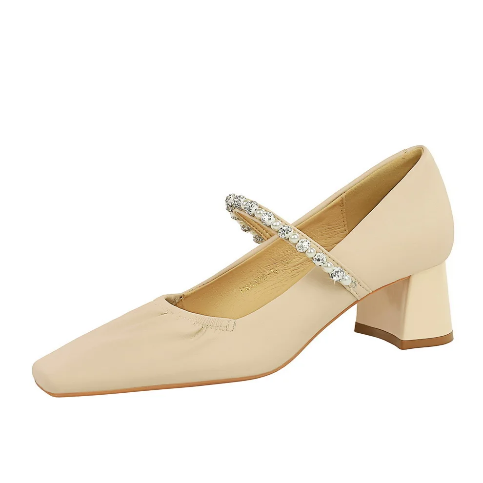 Korean Version Thick And Medium Heeled Women's Shoes With Shallow Mouth Square Toe Pearl Rhinestone Straight Strap Women Pumps image 5