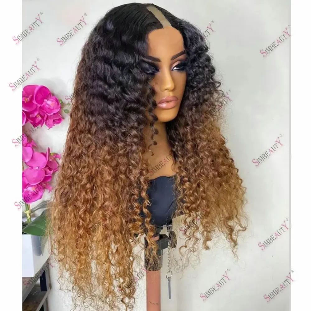 Negro Ombre miel marrón claro rizado V parte pelucas cabello humano ajustable sin pegamento 1*4 tamaño U parte peluca cabello humano para mujeres