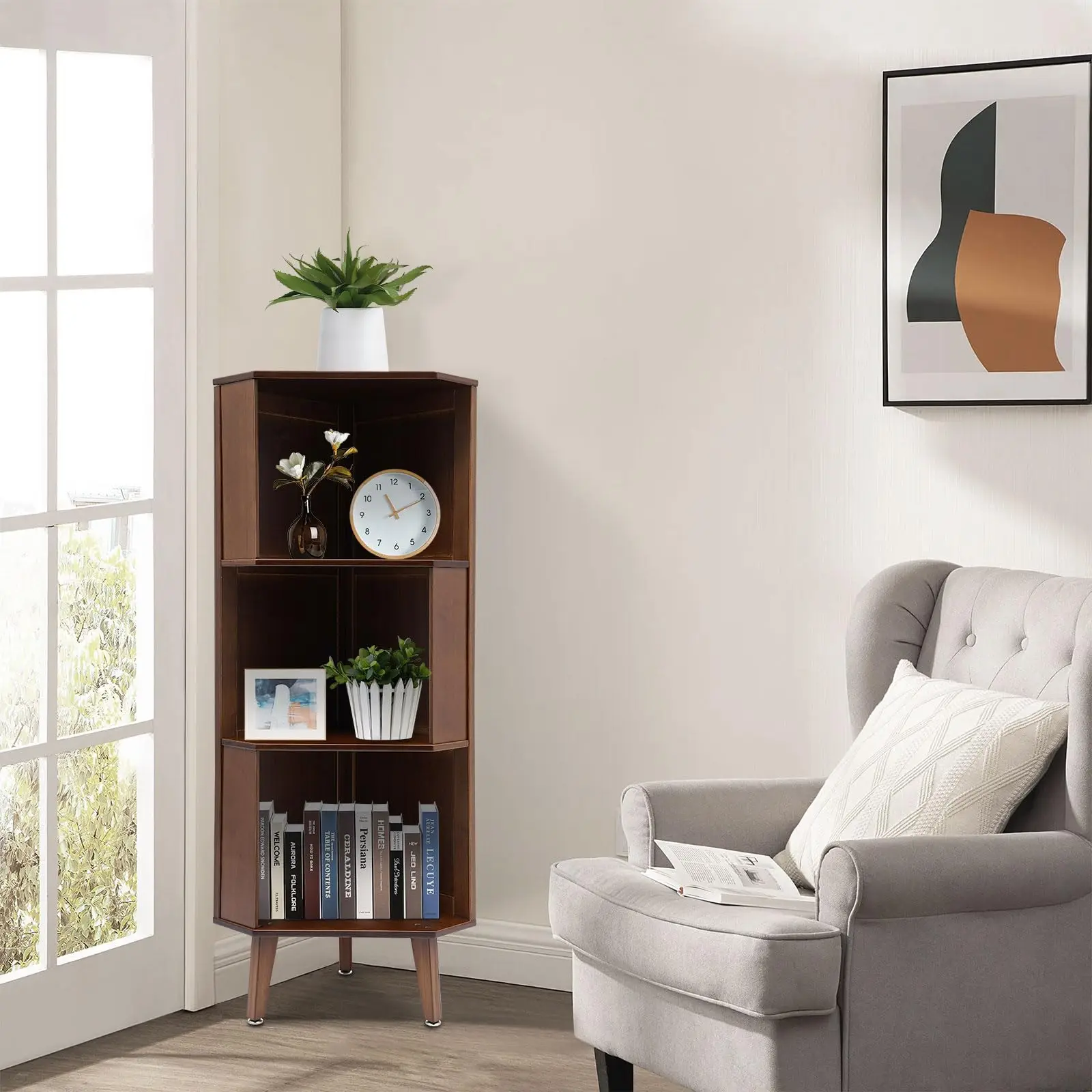 

3-Tier Vintage Corner Shelf, Freestanding Bamboo Bookcase Open Design Storage Cabinet Display Unit for Office Living Room Brown