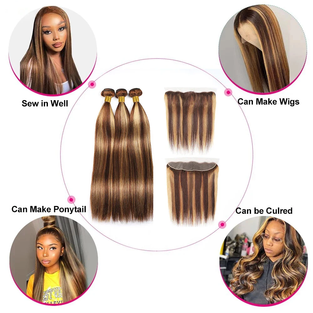 Bundles de tissage de cheveux humains avec fermeture, extension de cheveux Remy, dentelle 13x4, droite, Ombre, marron, blond, document, P4, 27