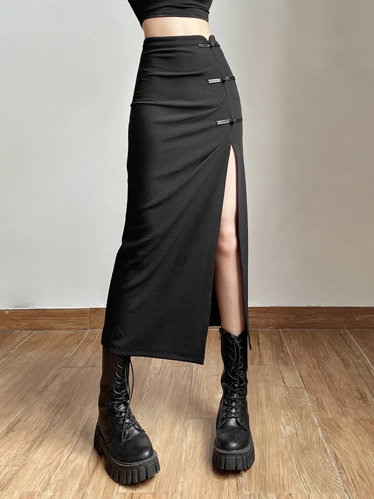 

BWQ Black Sexy Split Simple Casual All-Match Hot Street Outing Cool Mature Vitality Personality Trend Basic Women'S Skirt