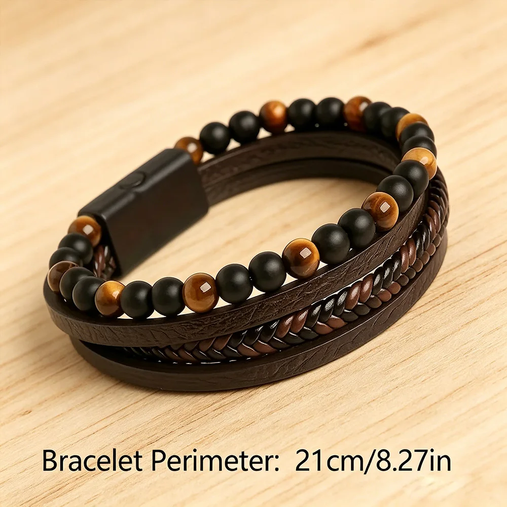 Men Leather Bracelet Classic Fashion Tiger Eye Beaded Multi Layer Leather Bracelet For Men Jewelry Gift - view 6