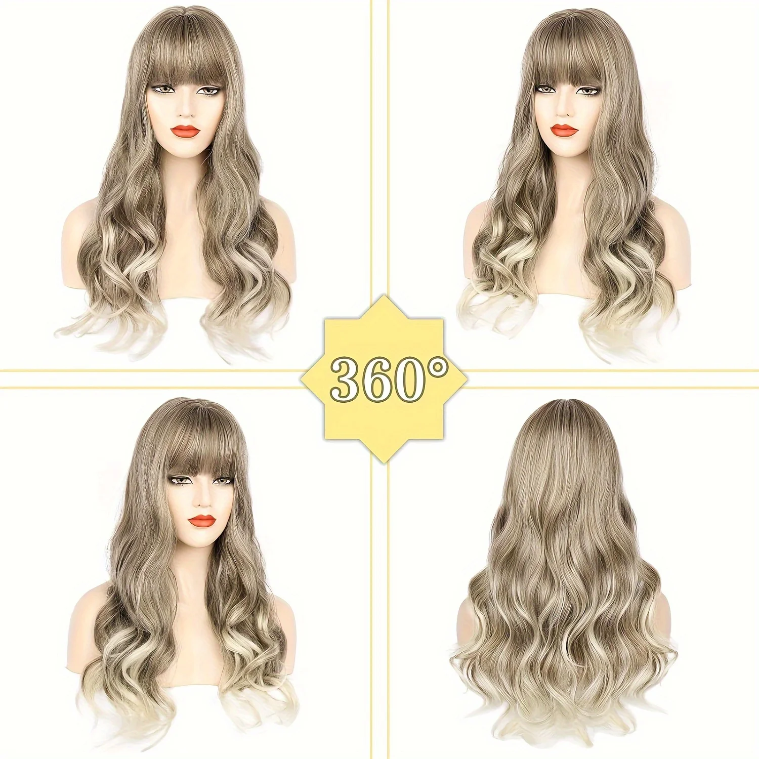 شعر مستعار طويل مموج مع غرة للنساء - شعر مستعار صناعي مموج مقاوم للحرارة بني فاتح مزيج شعر أشقر بمظهر طبيعي وسهل التصميم #6