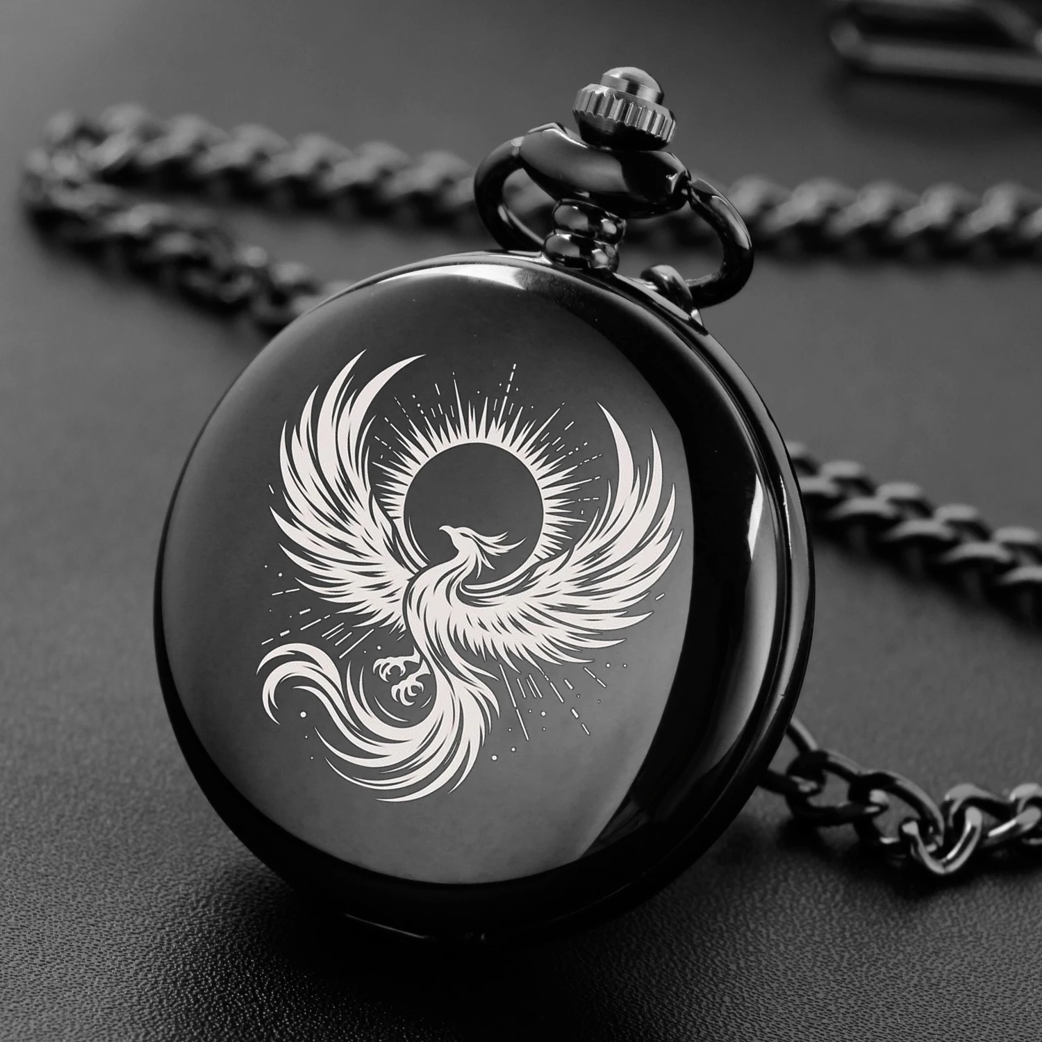 

Glowing bird style fashion design carving english alphabet face pocket watch a belt chain Black quartz watch perfect gift