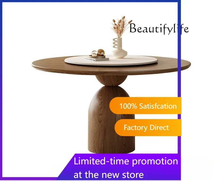 N Retro style ash wood grain solid wood round dining table and chairs French medieval round table with turntable household