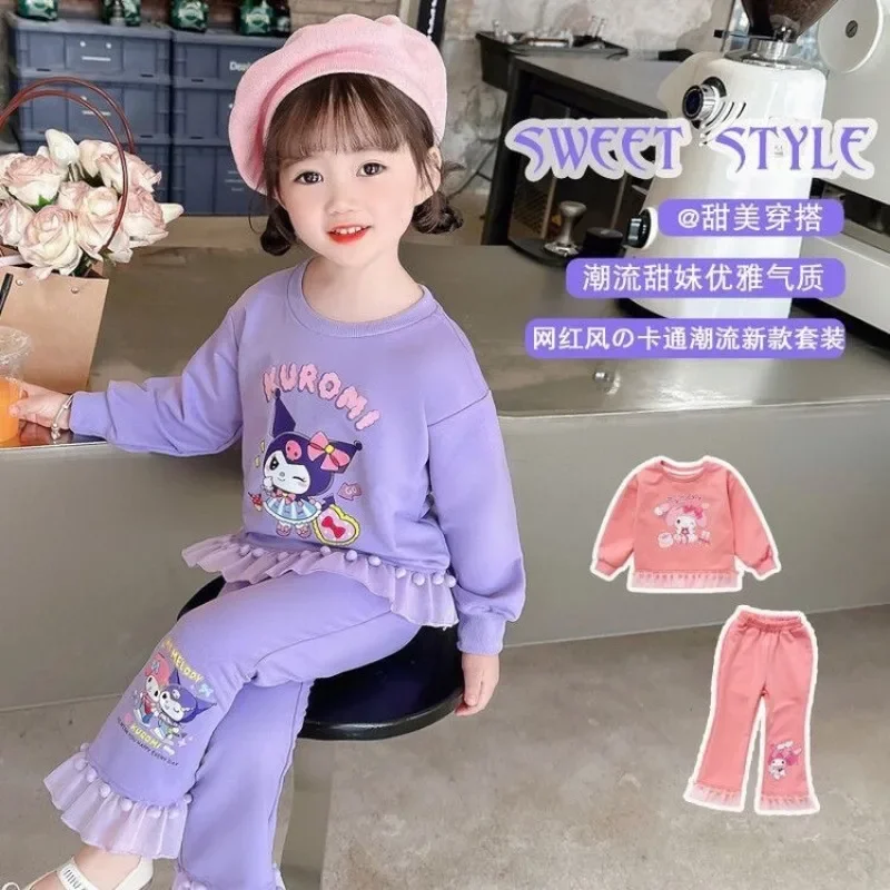 Sanrio Melody Kuromi-Sudadera con capucha de manga larga de encaje para niñas, ropa de algodón para niñas pequeñas, trajes lindos, Tops, Pantalones suaves, conjuntos para recién nacidos, otoño