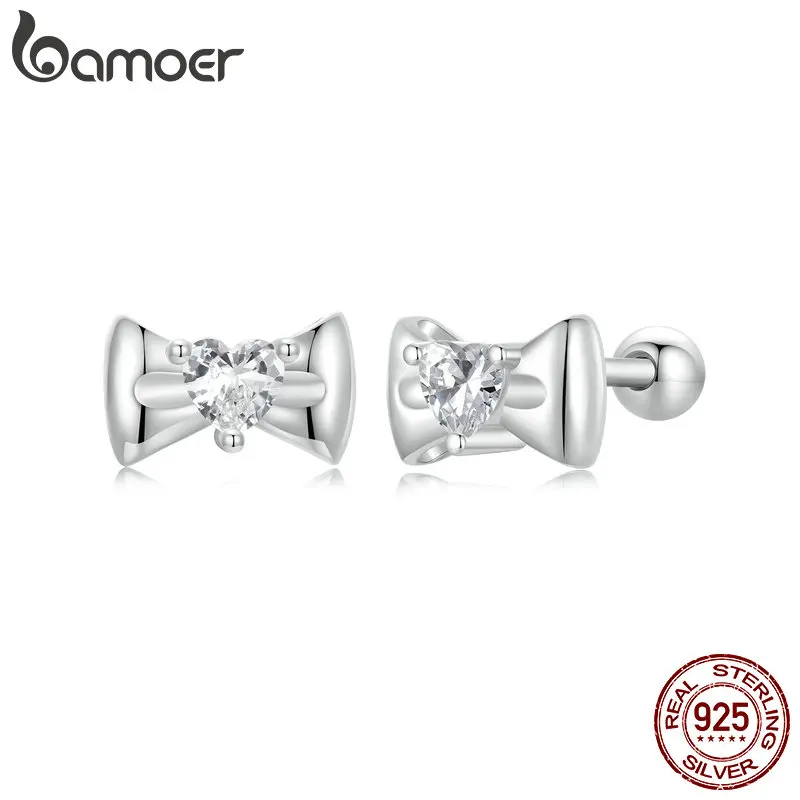 BAMOER 925 Sterling Silver Simple Bowknot Stud Earrings Gold Plated Heart-shaped Earrings for Women Fine Jewelry Gift SCE1748