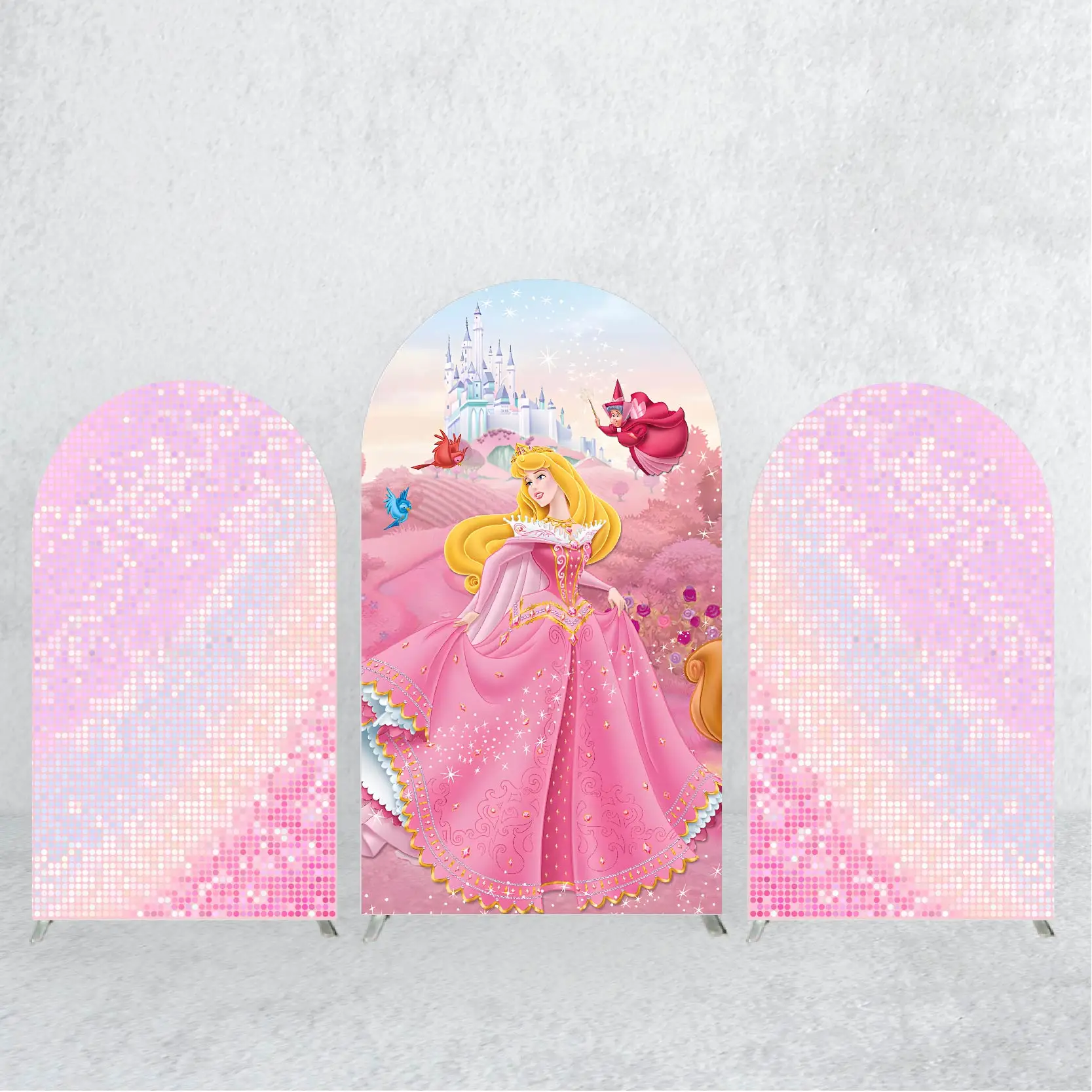 

Princess Aurora The Sleeping Beauty Arch Backdrop Cover Pink Background for Little Girls' Birthday Party Supplies Elastic Fabric