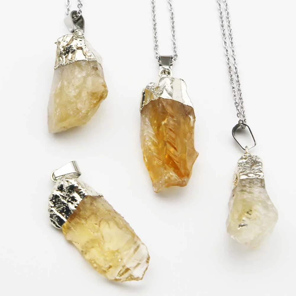 

Natural Raw Ore Topaz Irregular Pendant Yellow Crystal Plating Silver Stainless Steel Chain Necklace DIY Jewelry Accessories6Pcs