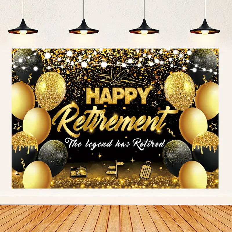 Black And Gold Happy Retirement Backdrop Banner Congrats Retire Photo Booth Prop