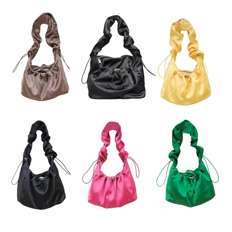 

Pleated Drawstrings Nylon Handbag for Women Ruched Shoulder Underarm Bag Purse E74B