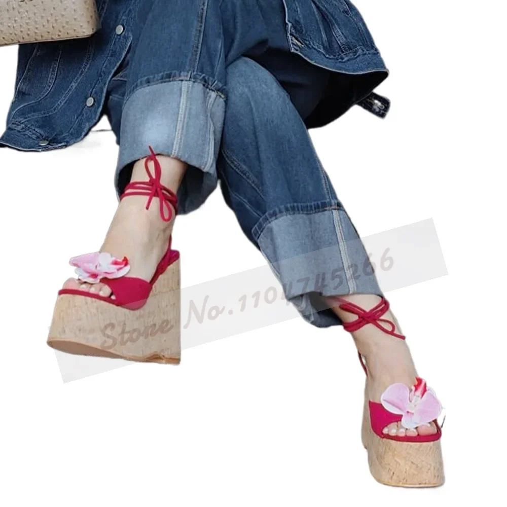 النساء السماء عالية الفلين منصة ثلاثية الأبعاد زهرة الصنادل نمط خشبي إسفين كعب الوردي الأزهار زهر فستان مضخات الدانتيل متابعة حذاء أحمر