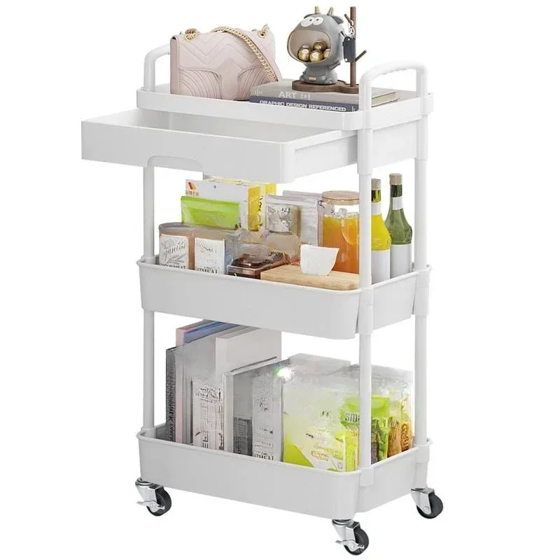 3 -Tier Rolling Utility Cart with Drawer,Multifunctional Storage Organizer with Plastic Shelf &