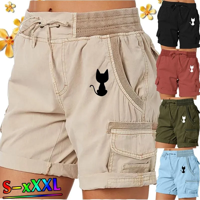 Trending Cute Cat Printed Fashion Women Summer Shorts Outdoor Beach Shorts Bermuda Shorts Stretch Golf Active Shorts High Waist