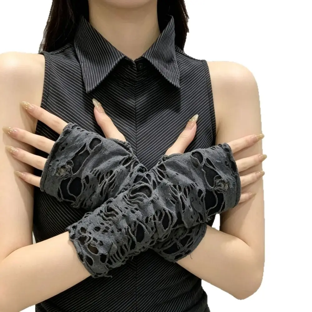 Fashion Gothic Style Fingerless Gloves Beggar Halloween Tear Punk Gloves Hollow Out Breathable Ripped Gloves Party