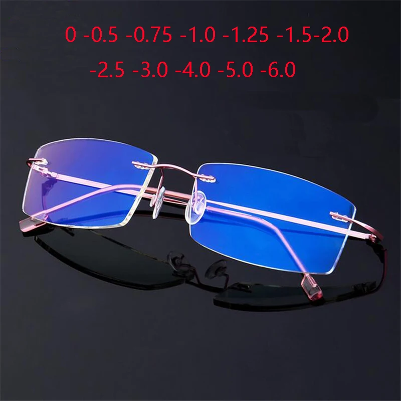 Rimless Blue Light Blocking Prescription Spectacles Unisex Superelastic Steel Wire Square Myopes Lunettes 0 -0.5 -1 -1.5 To -6.0