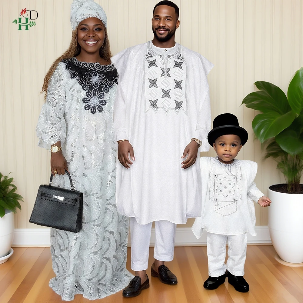 

African Clothes For Men Women Traditional Embroidery Family Matching Outfit Muslim White Wedding Party Robe Parent-child Suits