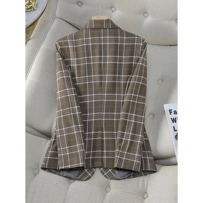 Fashion Women's Blazer Ladies Jacket Khaki Coffee Green Plaid Long Sleeve Female Business Work Wear Formal Coat With Pocket