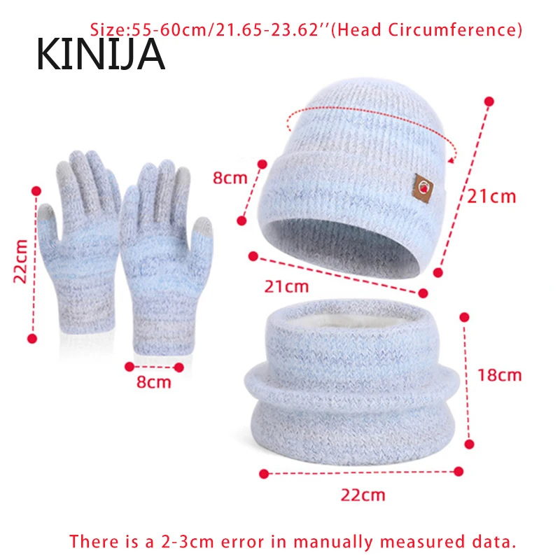Winter Kappe Handschuhe Schal Set Frauen GradientColor Gestrickte Hut Verdickt Fleece Futter Schädeldecke Outdoor Radfahren Winddicht Mützen