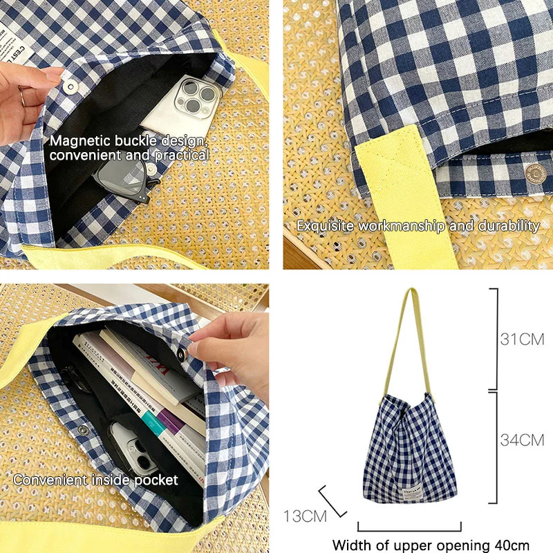 Large Capacity Collision Colour Plaid Canvas Bag Leisure Simple Shoulder Bag Shopping Bag