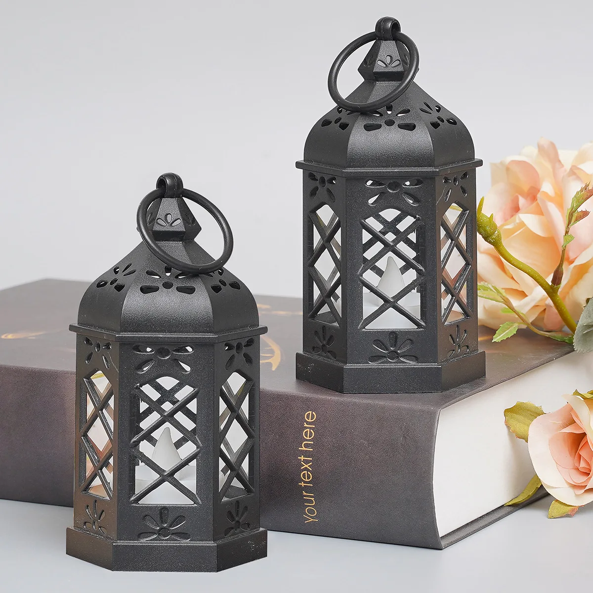 European Ramadan Lamp Mini Plastic Hexagonal Wind Lamp Led Electronic Candlelight Holiday Decoration Christmas Halloween Retro