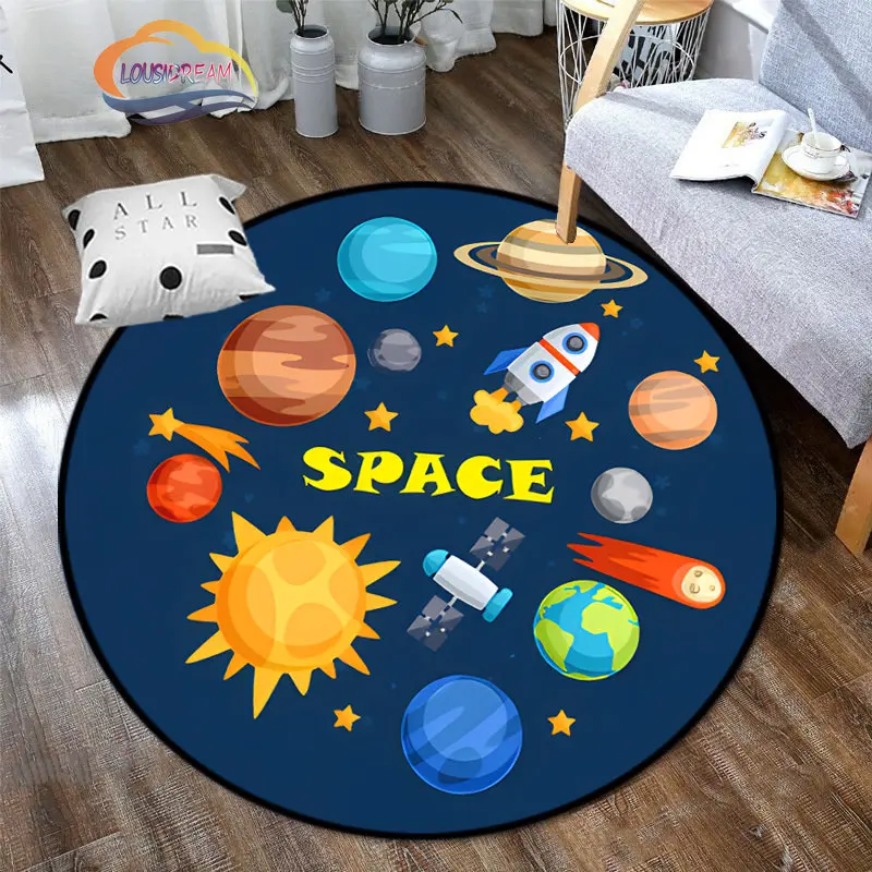 Space Universe Vector Ufo and Many Planets In Galaxy Round Bedroom Floor Mat Cosmos  solar system pattern Decoration Carpets