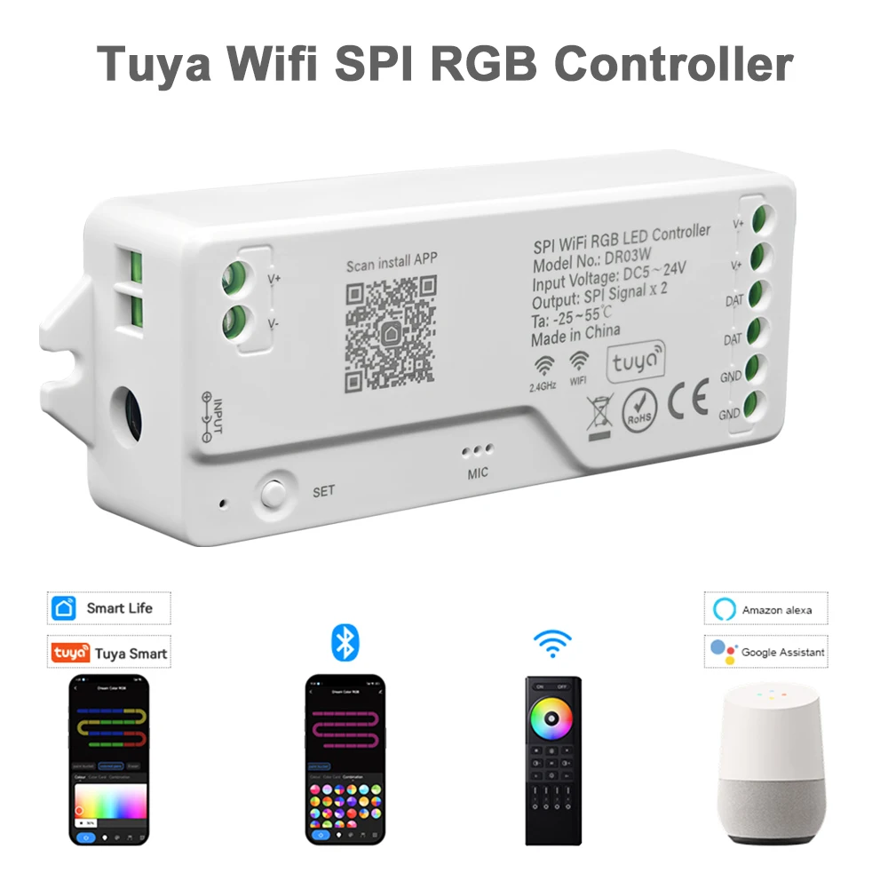 Kontroler LED Tuya Wifi BT SPI do adresowalnych taśm LED RGB 2.4G RF Smart Life RGB-IC Pixel LED Dimmer Alexa Goolge Home