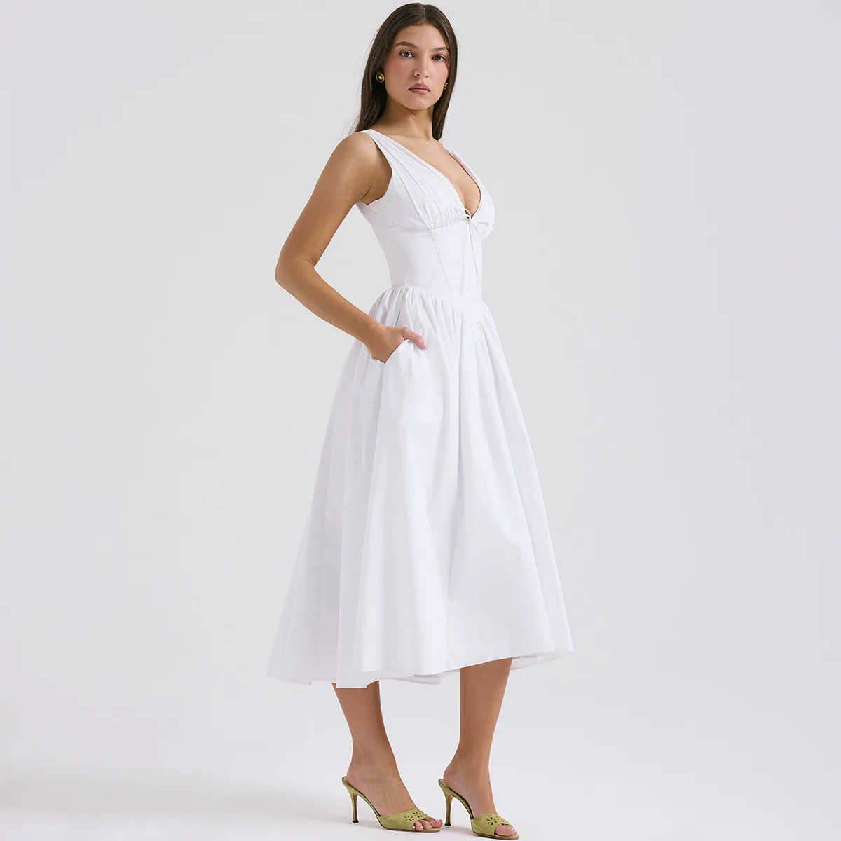 Biaลa plisowana koronka bez plecรณw wakacyjna sukienka damska elegancka seksowna sukienka Bodycon Midi dลuga letnia sukienka Vestidos