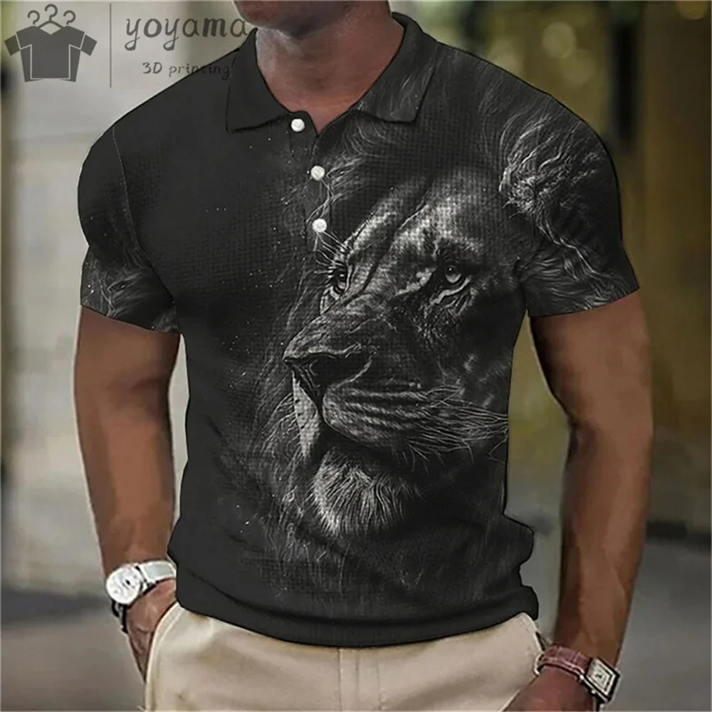 Summer Men Polo Shirt Animal Print 3D Simple Lapel Men's Shirts Lion Print Men's Short Sleeve Shirts Casual Men's Clothing Tops