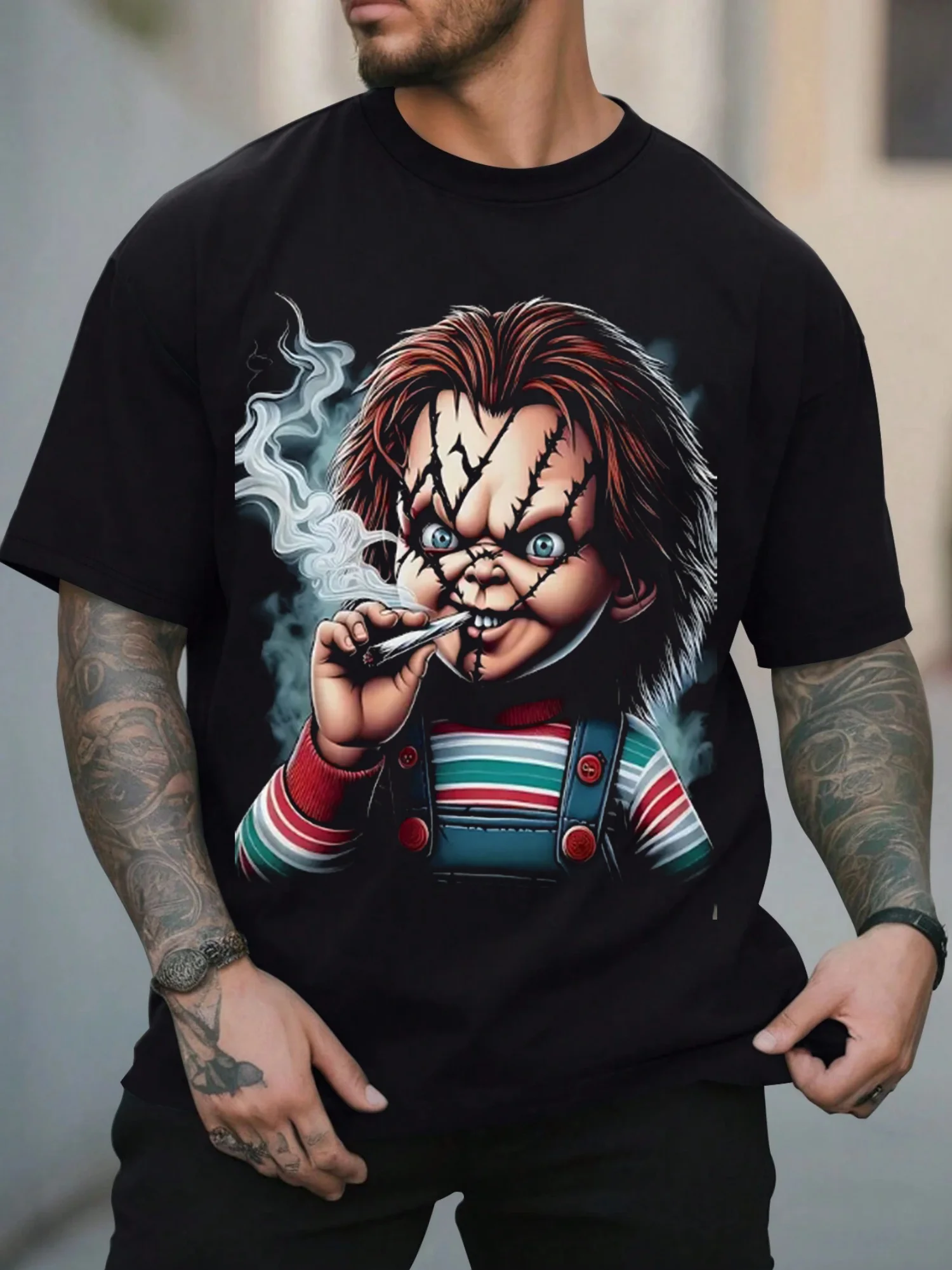 

Мужская футболка в стиле Chucky с 3D принтом, повседневная полиэстеровая футболка с круглым вырезом, которую можно стирать в машине, с прошитыми деталями, черная
