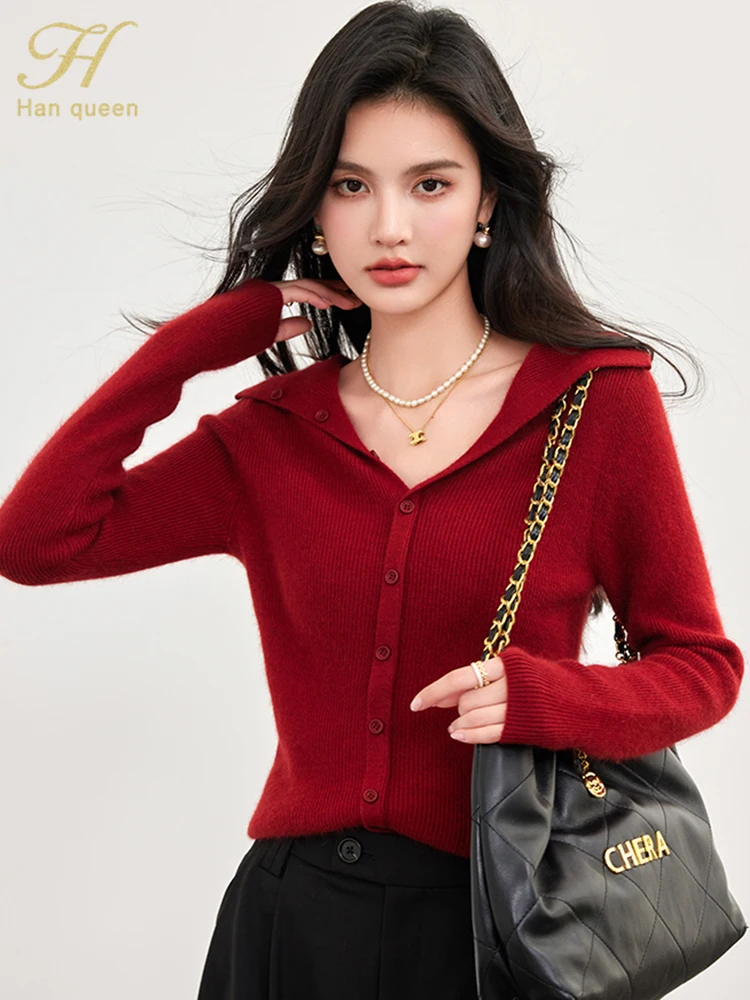 H Han Queen 2024 nuevo Otoño Invierno Navidad básico Simple suéter de punto de un solo pecho para mujeres Tops cárdigans de manga larga