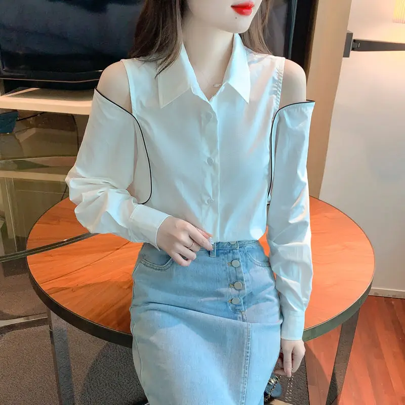 Korean Hollow Out Off Shoulder Blouse Spring Autumn New Long Sleeve Solid White Fashion Shirt Tops Sweet Elegant Women Clothing