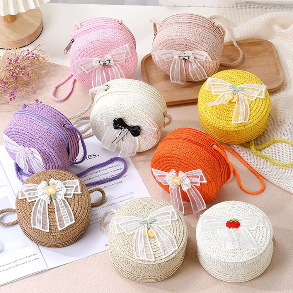 

Новая мини-летняя пляжная соломенная сумка с кружевным бантом, круглая соломенная детская сумка, модные аксессуары, кошелек для монет, женские милые сумки через плечо