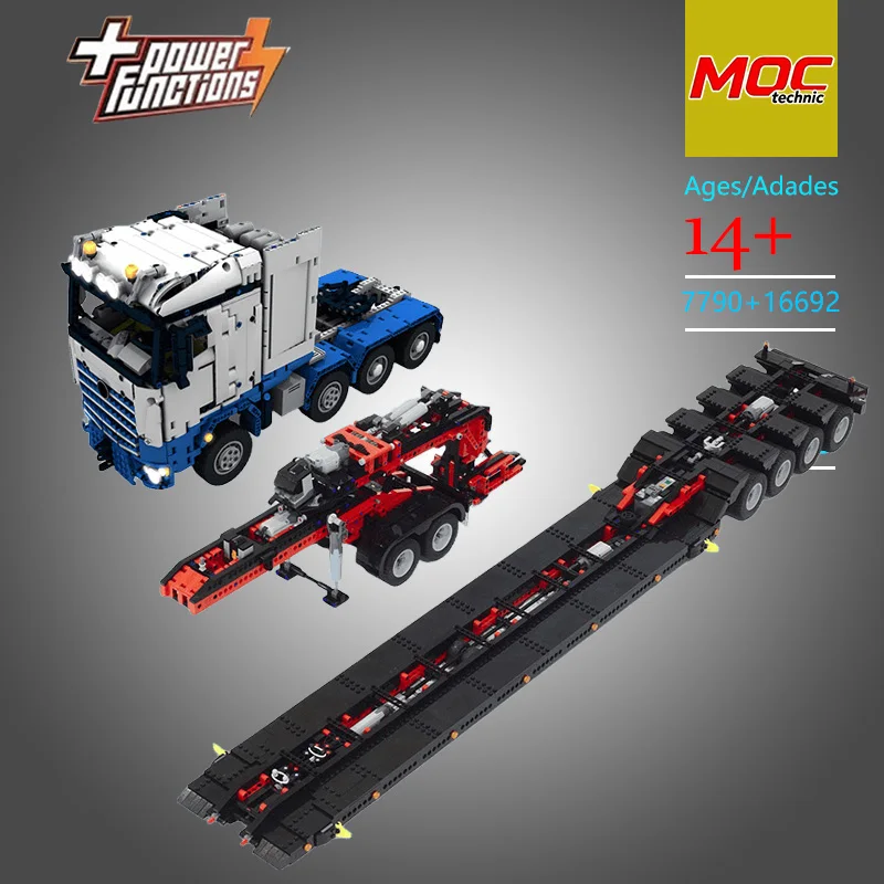 Custom Classic MOC Truck 7790 & Low-Flat Trailer 16692 Technic Combination Model - Trendy Educational Toy For Holiday Gifts