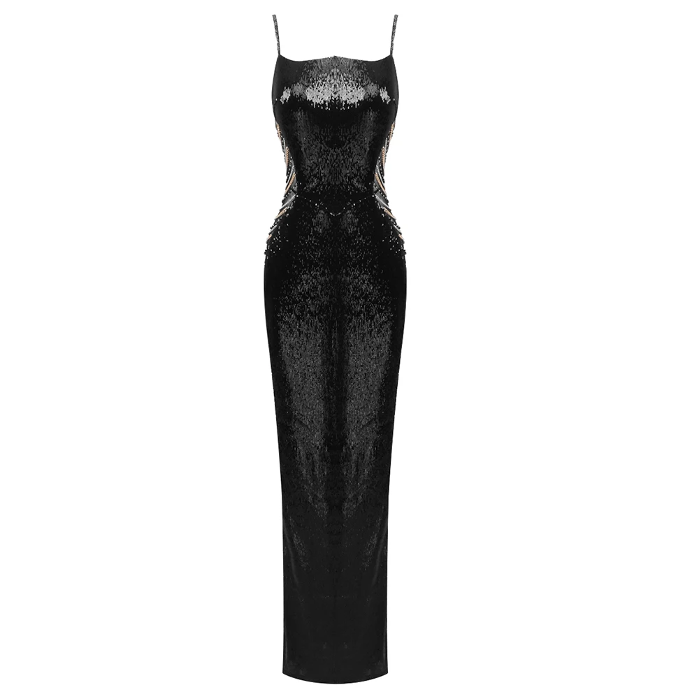 Sequins Chains Long Dress Black Backless Dress Spaghetti Straps Cut Out Elegant Maxi Cocktail Evening Party Gowns Vestido