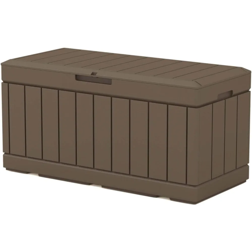 

82 Gallon Resin Deck Box, Waterproof Large Wooden Appearance Storage Box, Lockable, Brown, Suitable for Garden Tools