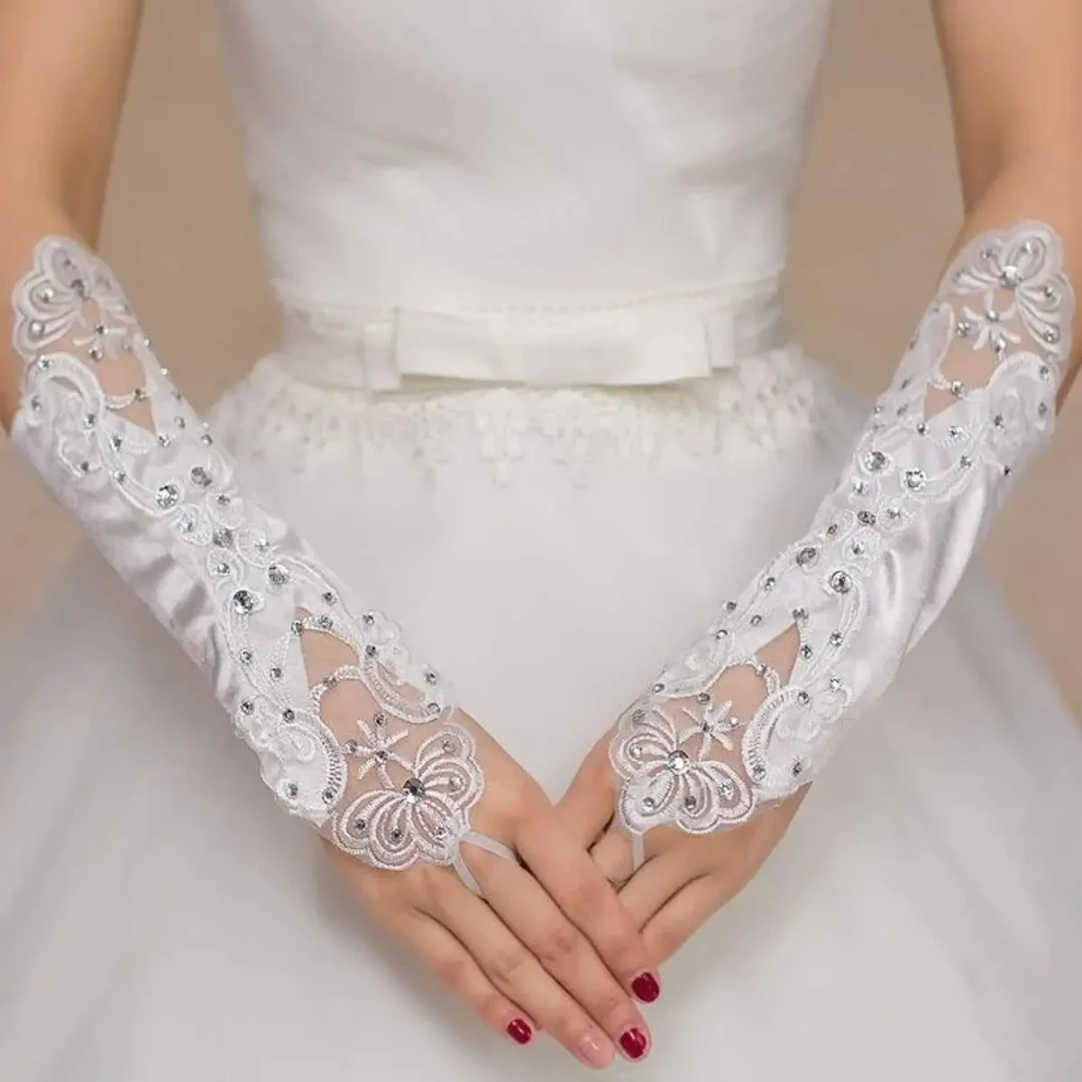 Guantes sin dedos hasta el codo con cuentas de satén para mujer, accesorios para disfraz de fiesta de boda