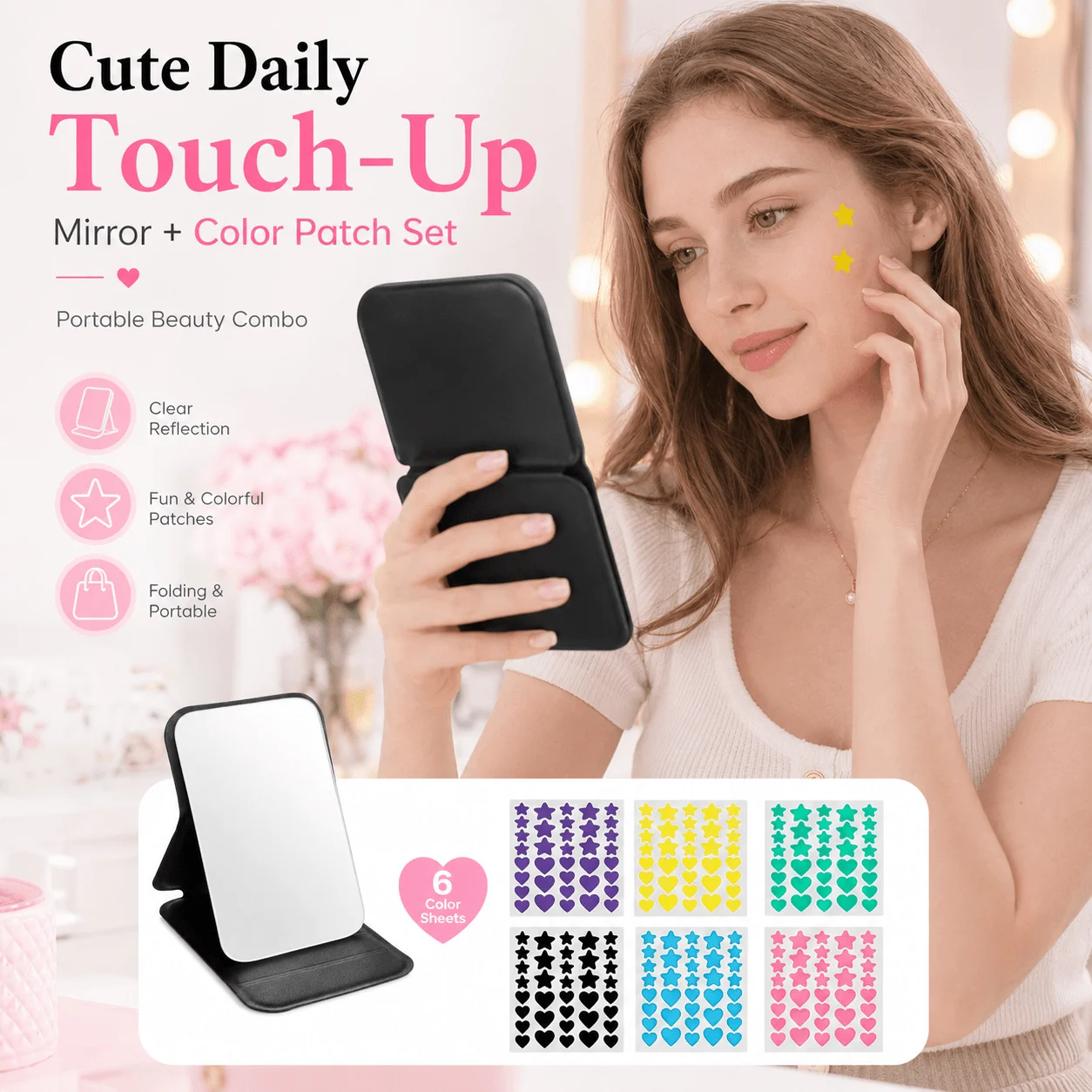 Foldable Tabletop Mirror with 6-Color Star & Heart Pimple Patch Sheets, Portable Beauty Set for Travel & Daily Use. view 5