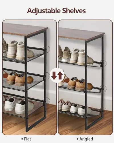 

Adjustable 4-Level Freestanding Shoe Organizer With Wooden Top And Metal Mesh Shelves For Entryway Hallway Closet