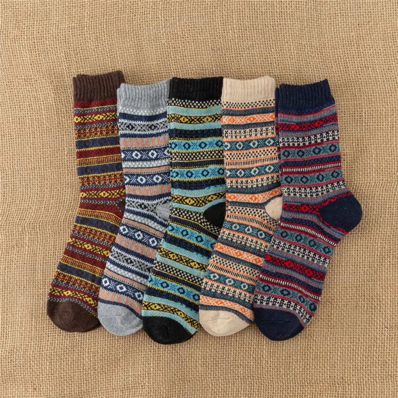 5 Pairs/Pack Women Winter Warm Socks Thick Wool Ethnic Style Geometric Hosiery Socks Soft Cashmere Casual