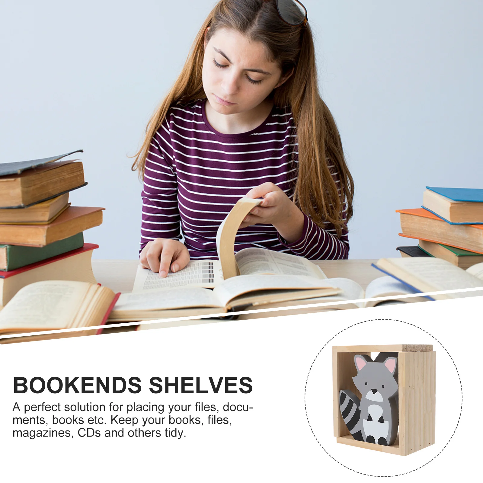 1 Pair Wooden Bookends Raccoon Shape Desktop Organizer For Home Office Book Stoppers Animal Theme Bookend Shelves Support Decor