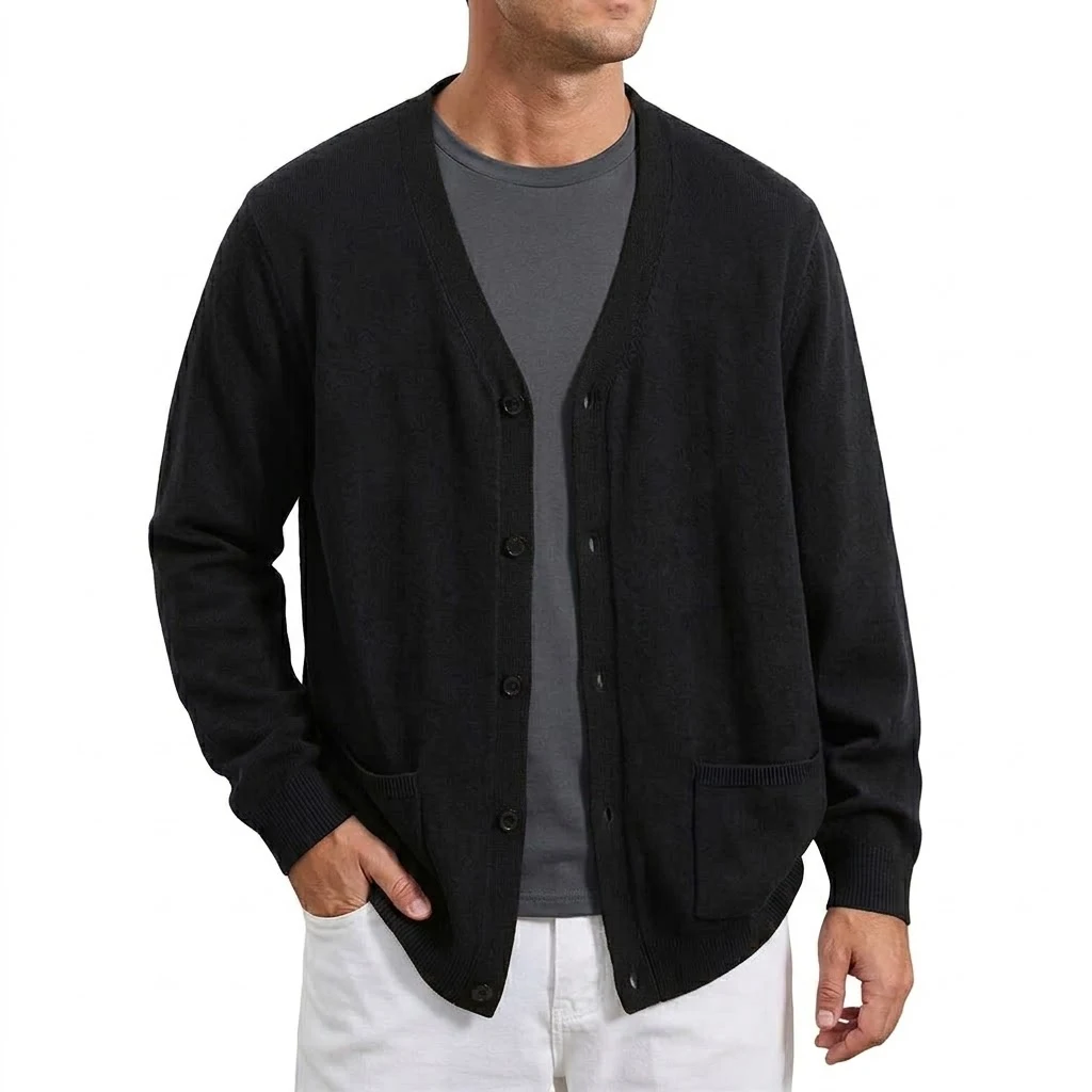 Autumn Men's V Neck Knit Cardigan Sweater Casual Button Down Long Sleeve Pocket Knitted Outerwear Tops Comfortable Jacket Coats