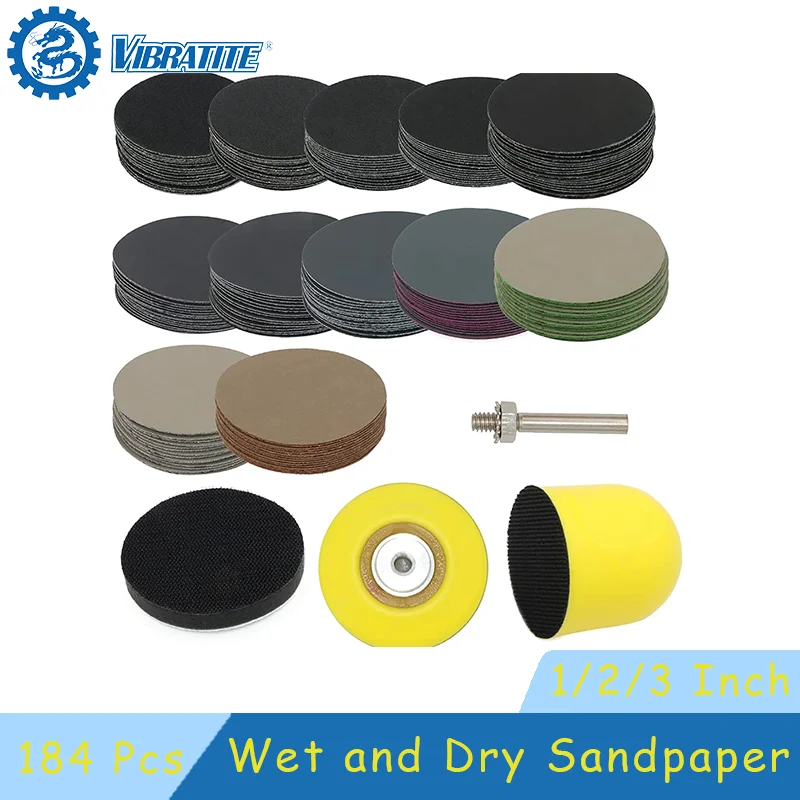 1/2/3 Inch Wet and Dry Sandpaper 184 Pcs Assorted 60-10000 Grits with Buffer Pad Backing Plate for Metal Car Headlight Repairing