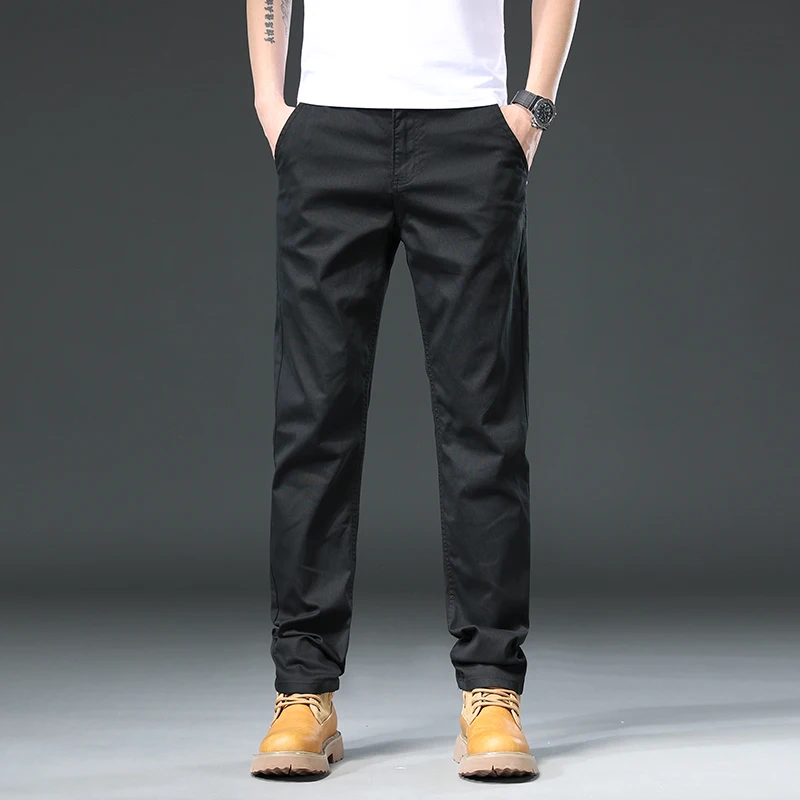 97% Cotton Spring Summer Fashion Straight Men Casual Pants Embroidery Male Trousers Stretch Men\'s Clothes Khaki Plus Size 40