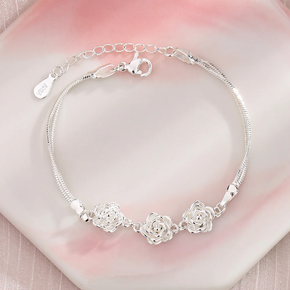 

925 Sterling Silver Bracelet For Women Flower Rose Double Layer Sweet Romantic Korean Bracelet Jewelry Party Gift Dropshipping