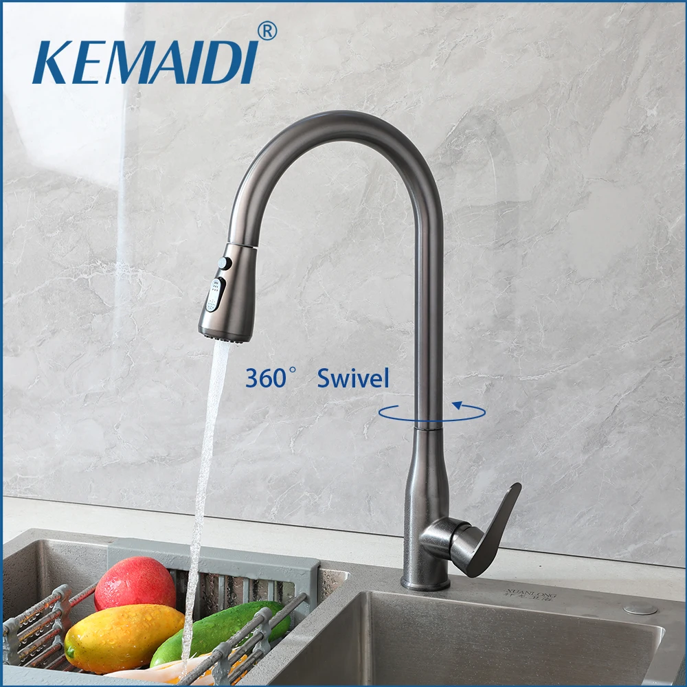 

KEMAIDI Grey Kitchen Faucet Pull Out 3 Ways Brass Gourmet Faucets Stream Sprayer Kitchen Tap Crane Hot Cold Water Mixer